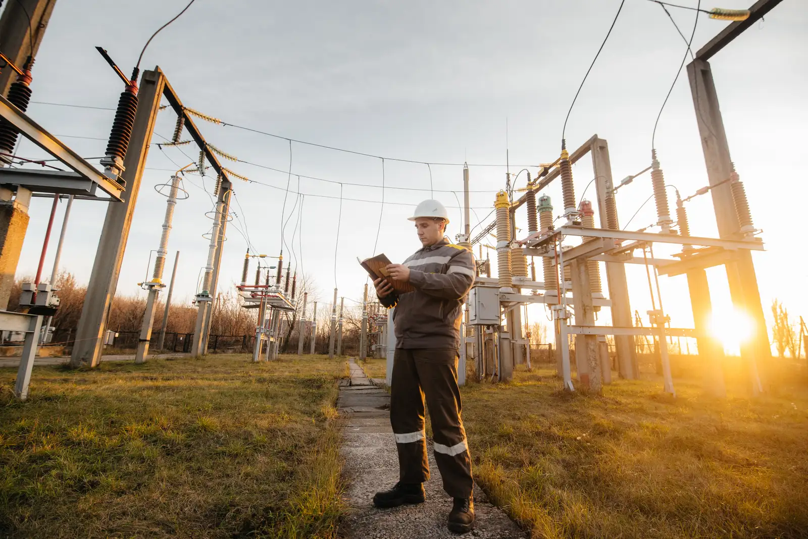 Ingeniero con bitácora inspeccionando una subestación eléctrica