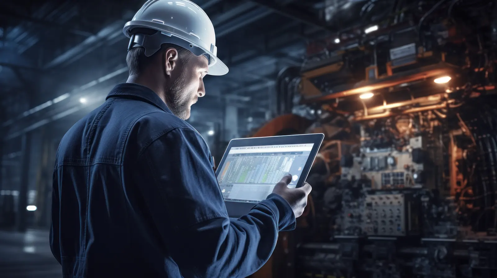 Ingeniero con laptop en un entorno industrial nocturno