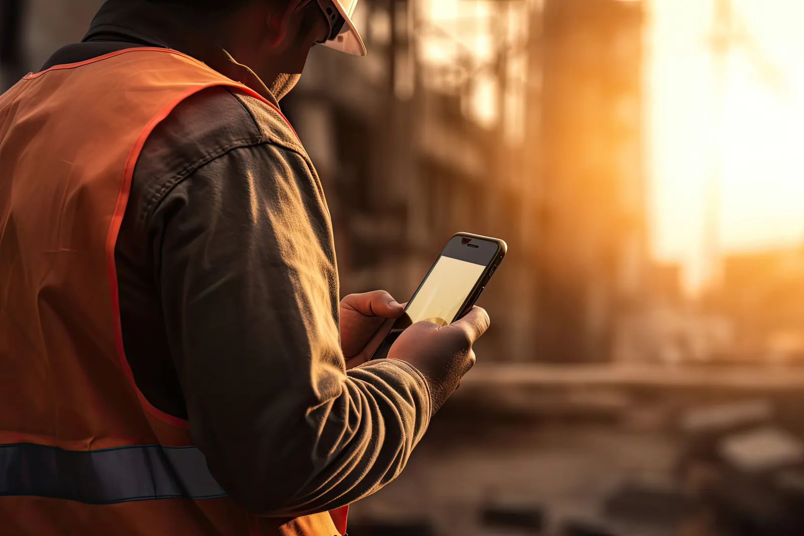 Ingeniero consultando el monitoreo energético desde su celular en planta